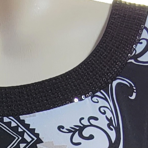 Sheer Sleeve Alfani Top Black White Flowy Dressy Sequin Neck Formal Blouse M - Picture 6 of 12